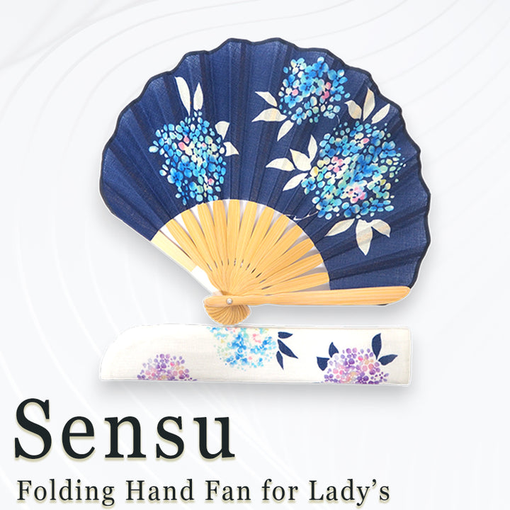 Folding Hand Fan for Lady's ,Surface Cotton, Bamboo Frame, Navy (navy background with gradations of blue, light blue, pink, and white hydrangeas)