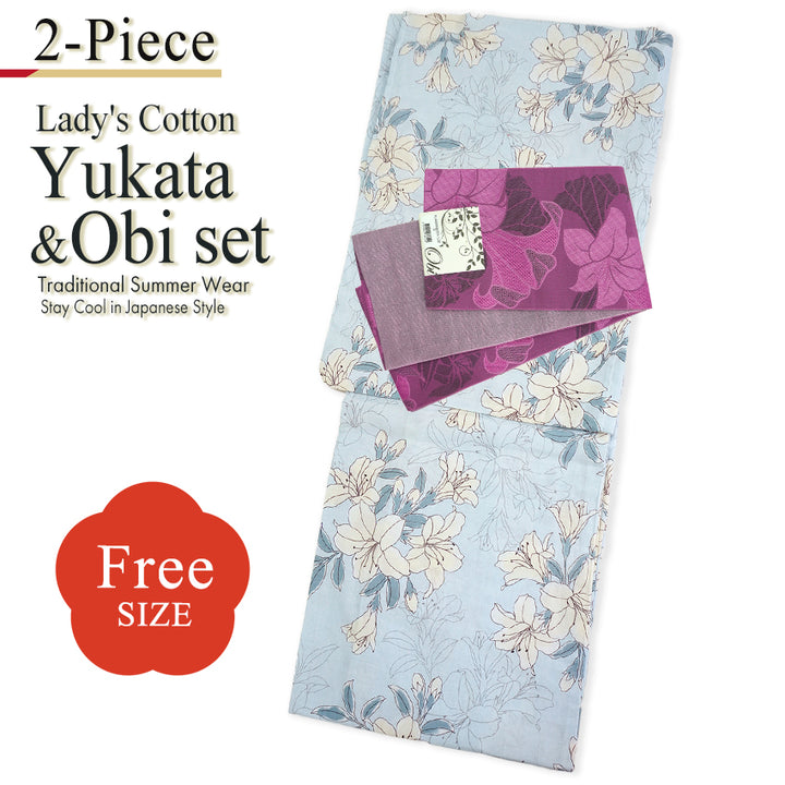 Women's Lightweight Cotton Yukata ＆Obi -2piece Coordinate set-, Casual Summer Kimono - Light Blue Base with Lily Pattern