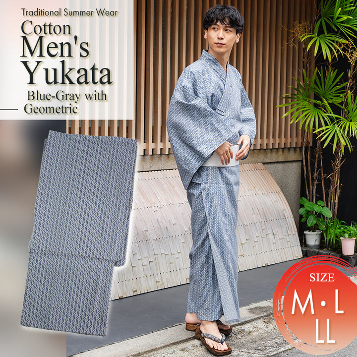 Men's Yukata Cotton : Blue-Gray with Geometric Design Yukata