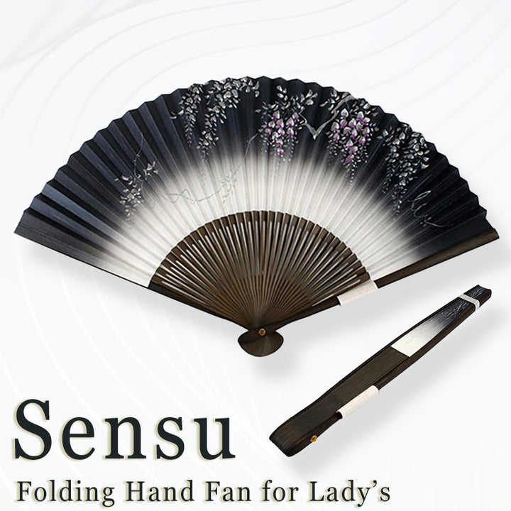 Folding Hand Fan for Lady's, Paper Fabric ,Bamboo Frame,Deep navy & Off white base, elegant wisteria design