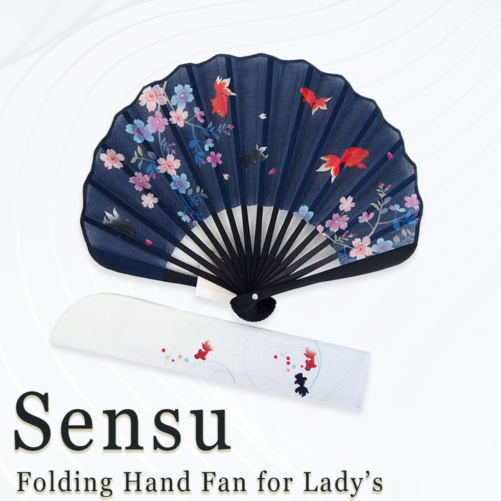 Folding Hand Fan for Lady's ,Surface Cotton, Bamboo Frame, Navy base Goldfish with Flowers Set