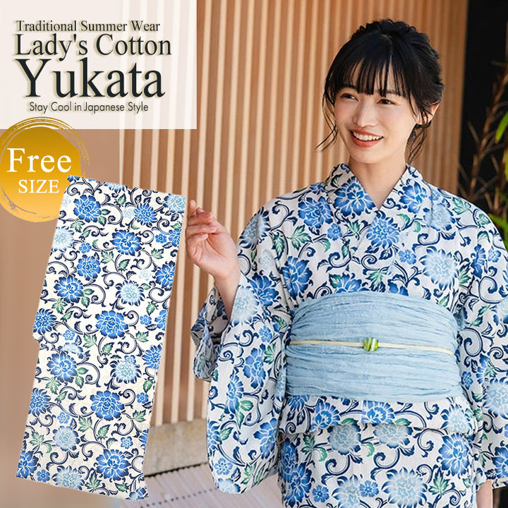 Women's Cotton Yukata, Casual Summer Kimono -Off-White Base with Blue, Green, and Navy Floral Arabesque