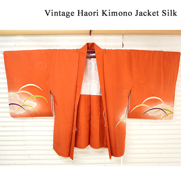 Vintage Haori Kimono Jacket Silk, Vivid Orange base, Cloud ,Dew-on-Grass Motifs