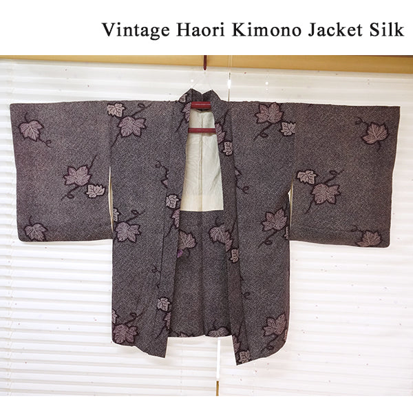 Vintage Haori Kimono Jacket Silk, Deep purple base, “Kanoko” , Ivy Vine Design