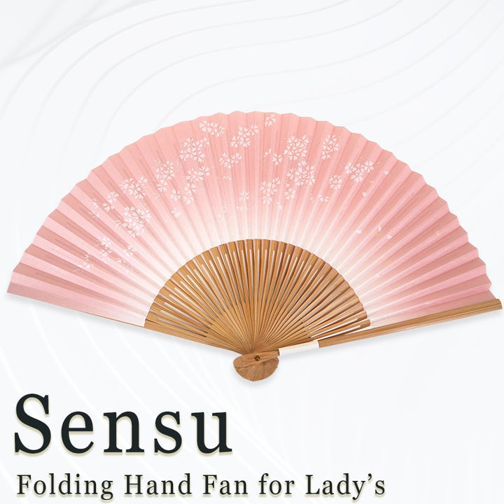 Folding Hand Fan for Lady's ,Surface Paper, Bamboo Frame, Pink base with Cherry Blossom Branches