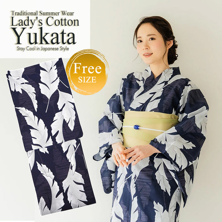 Women's Cotton Yukata, Casual Summer Kimono -Navy Base withlarge banana leaves (bashō) for a bold and tropical-inspired look.