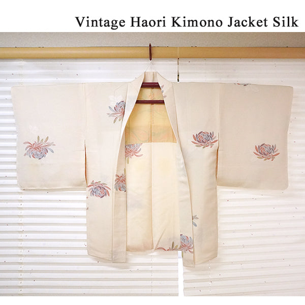 Vintage Haori Kimono Jacket Silk, Ivory Beige base,Chrysanthemums