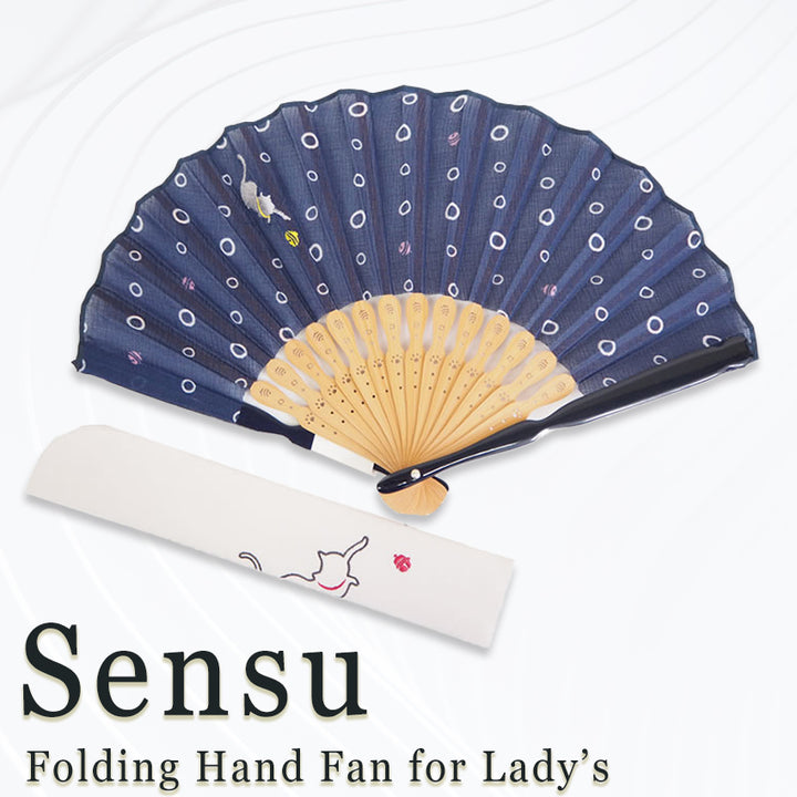 Folding Hand Fan for Lady's ,Surface Cotton, Bamboo Frame, Navy base with Circular Motifs and an Adorable Cat Design