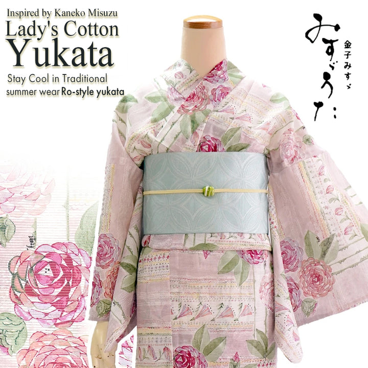 Lightweight Cotton Yukata for Women, grayish pink base, roses Flowers pattern– Inspired by Kaneko Misuzu’s Poetry, Summer Japanese Kimono Robe