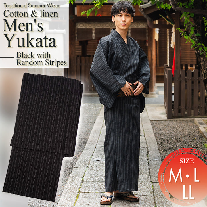 Men's Yukata Cotton & Linen : Black with Random Stripes Yukata