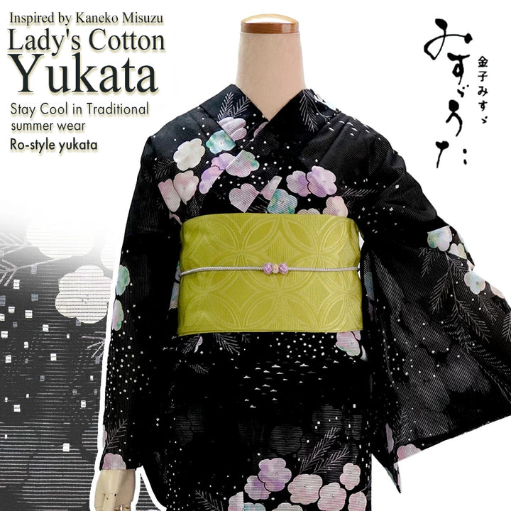 Lightweight Cotton Yukata for Women, Black base, Crisp geometric snowflakes, Flower pattern – Inspired by Kaneko Misuzu’s Poetry, Summer Japanese Kimono Robe