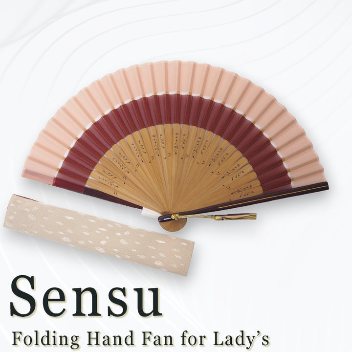 Folding Hand Fan for Lady's ,Surface Polyester, Bamboo Frame, Kōbai (pale pink & deep reddish-black)base