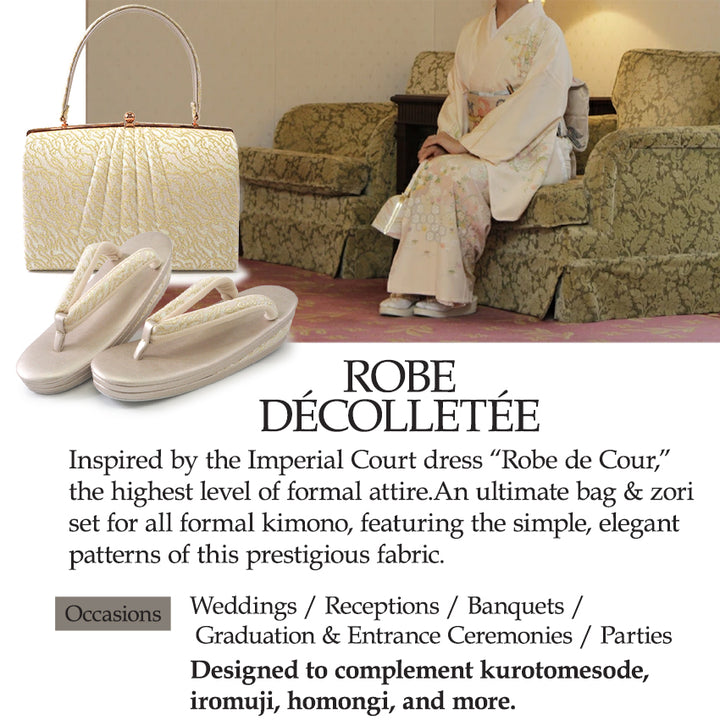 A SET of Robe De'collete'e formal ZORI（sandals）for traditional attire and a bag for TEA ceremony【GOLD】