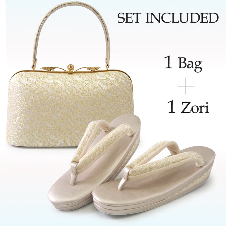 A SET of Robe De'collete'e formal ZORI（sandals）for traditional attire and a bag for TEA ceremony【GOLD】