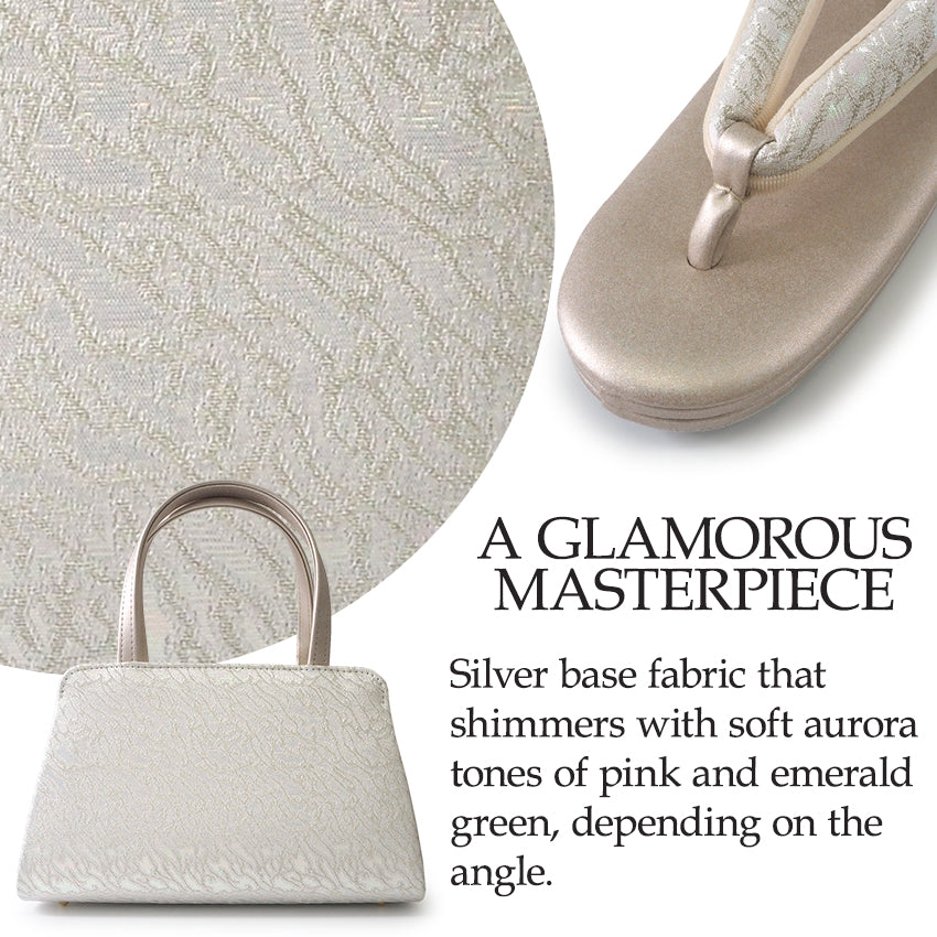A SET of Robe De'collete'e formal ZORI（sandals）for traditional attire and a bag for TEA ceremony【Silver】