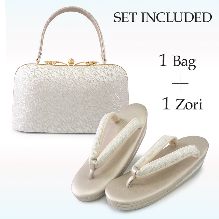 A SET of Robe De'collete'e formal ZORI（sandals）for traditional attire and a bag for TEA ceremony【Silver】