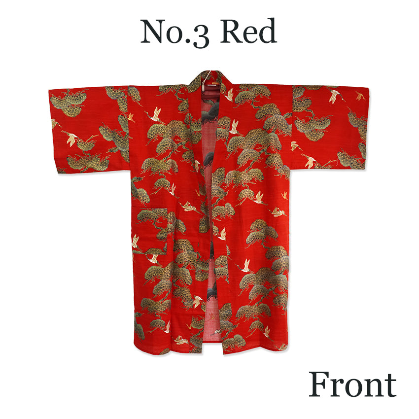 Men's Happi Coat: Kimono Robe -Black, Navy Blue, Red base, Cranes & Pine Trees