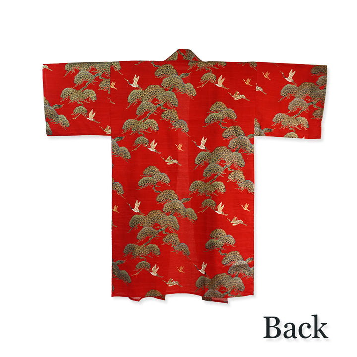 Men's Happi Coat: Kimono Robe -Black, Navy Blue, Red base, Cranes & Pine Trees