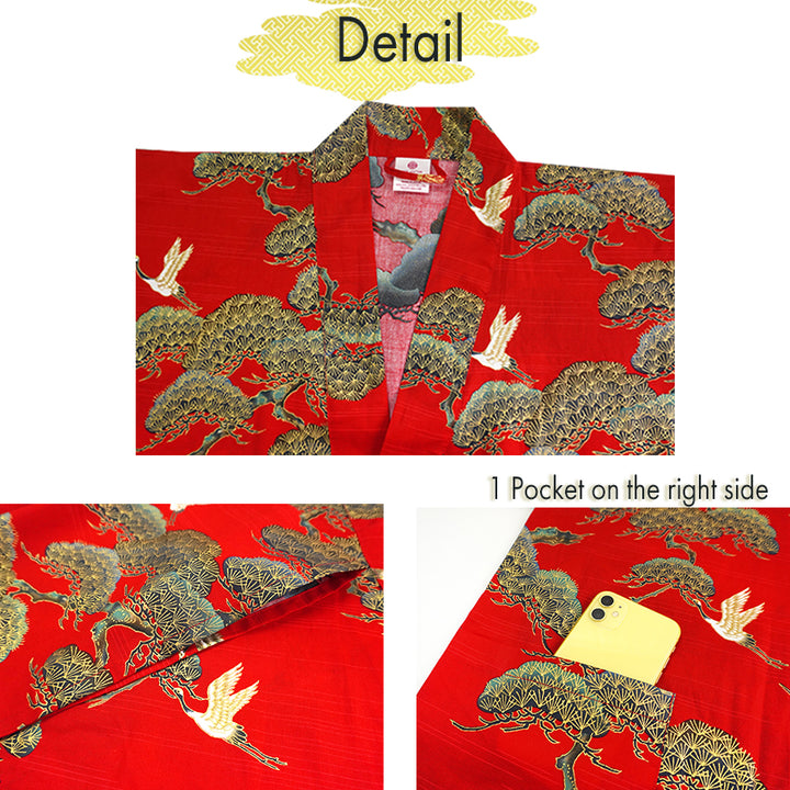 Men's Happi Coat: Kimono Robe -Black, Navy Blue, Red base, Cranes & Pine Trees