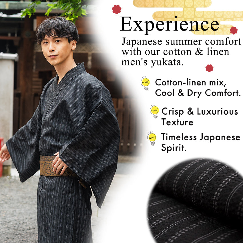 Men's Yukata Cotton & Linen : Black with Random Stripes Yukata