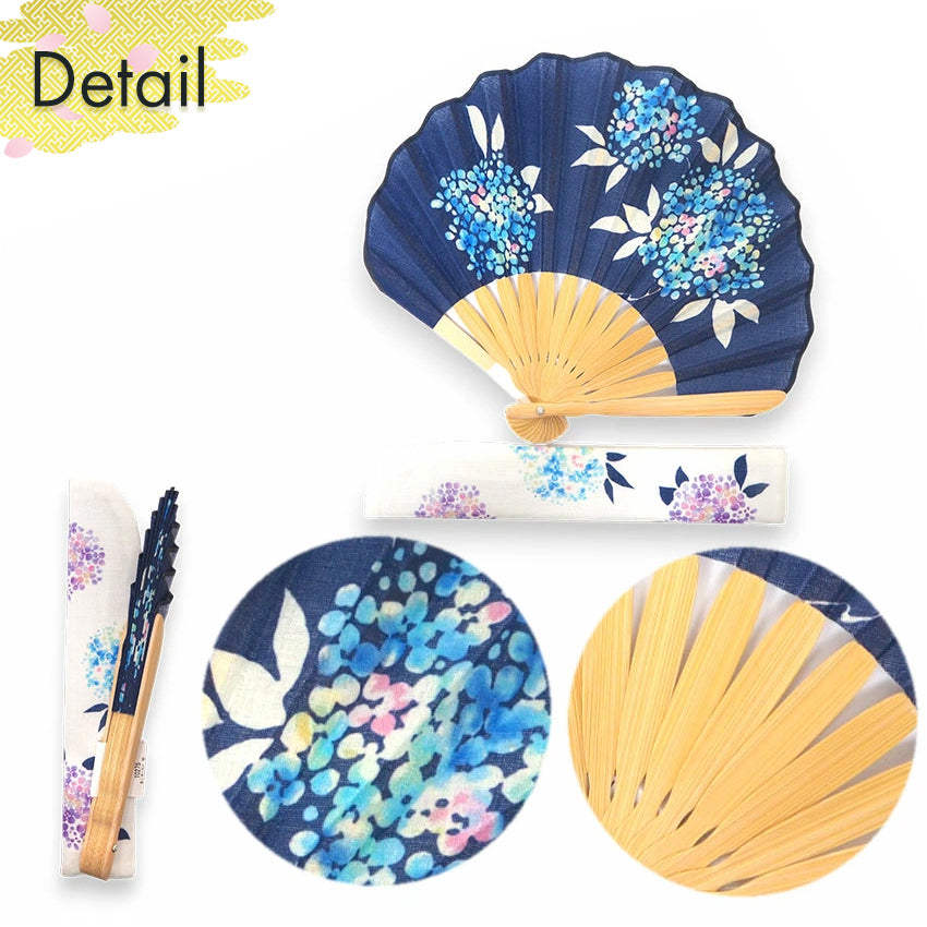Folding Hand Fan for Lady's ,Surface Cotton, Bamboo Frame, Navy (navy background with gradations of blue, light blue, pink, and white hydrangeas)