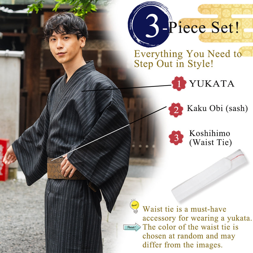 Men's Yukata Cotton & Linen Coordinate Set For Beginners : Black with Random Stripes Yukata