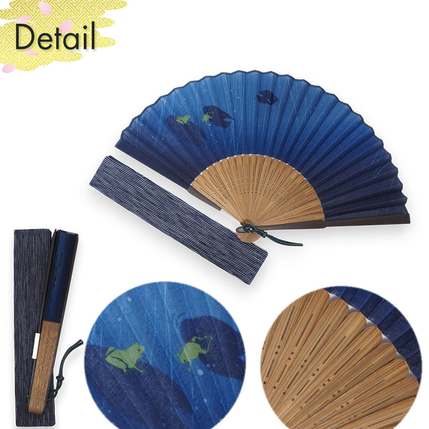 Folding Hand Fan for Men ,Surface Cotton, Bamboo Frame,  Navy base,  frogs playing with raindrops on lotus