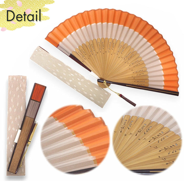 Folding Hand Fan for Lady's ,Surface Polyester, Bamboo Frame, Kinmokusei (rich persimmon orange & ivory beige)base