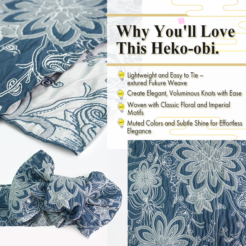 Soft Heko Obi - Lightweight Japanese Kimono Belt for Yukata or Casual Wear Blue Floral