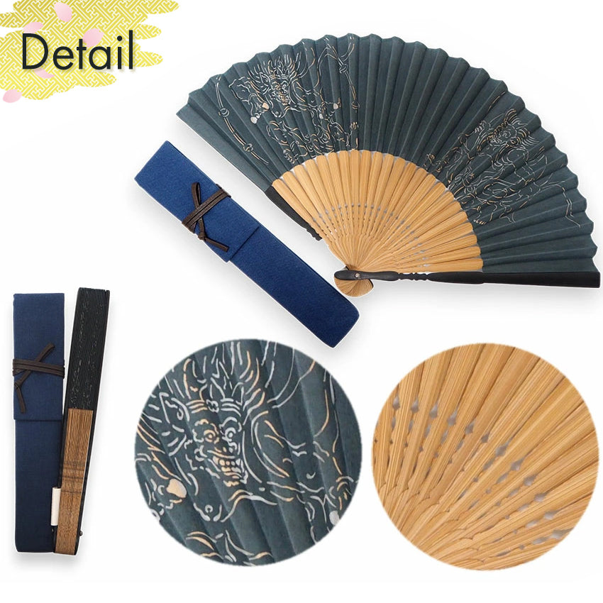 Folding Hand Fan for Men ,Surface Silk, Bamboo Frame,  moss green base, Wind God & Thunder God Design