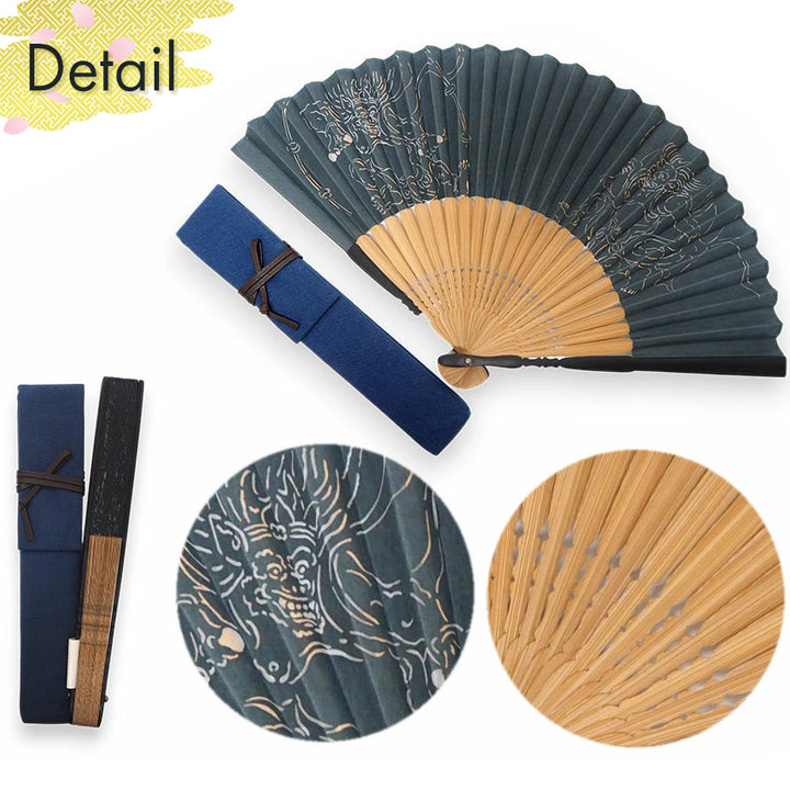 Folding Hand Fan for Men ,Surface Silk, Bamboo Frame,  moss green base, Wind God & Thunder God Design