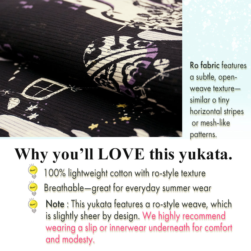 Lightweight Cotton Yukata for Women, Bold black base, Whales, waves, stars, fish and birds pattern – Inspired by Kaneko Misuzu’s Poetry, Summer Japanese Kimono Robe