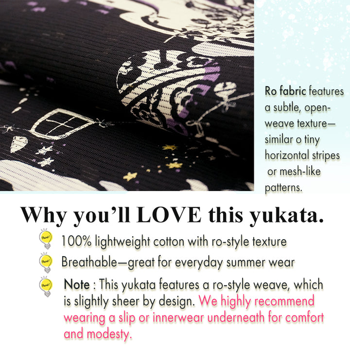 Lightweight Cotton Yukata for Women, Bold black base, Whales, waves, stars, fish and birds pattern – Inspired by Kaneko Misuzu’s Poetry, Summer Japanese Kimono Robe