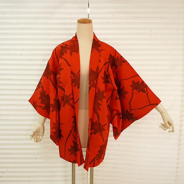 Vintage Haori Kimono Jacket Silk,Vivid Red base,  Maple Leaves