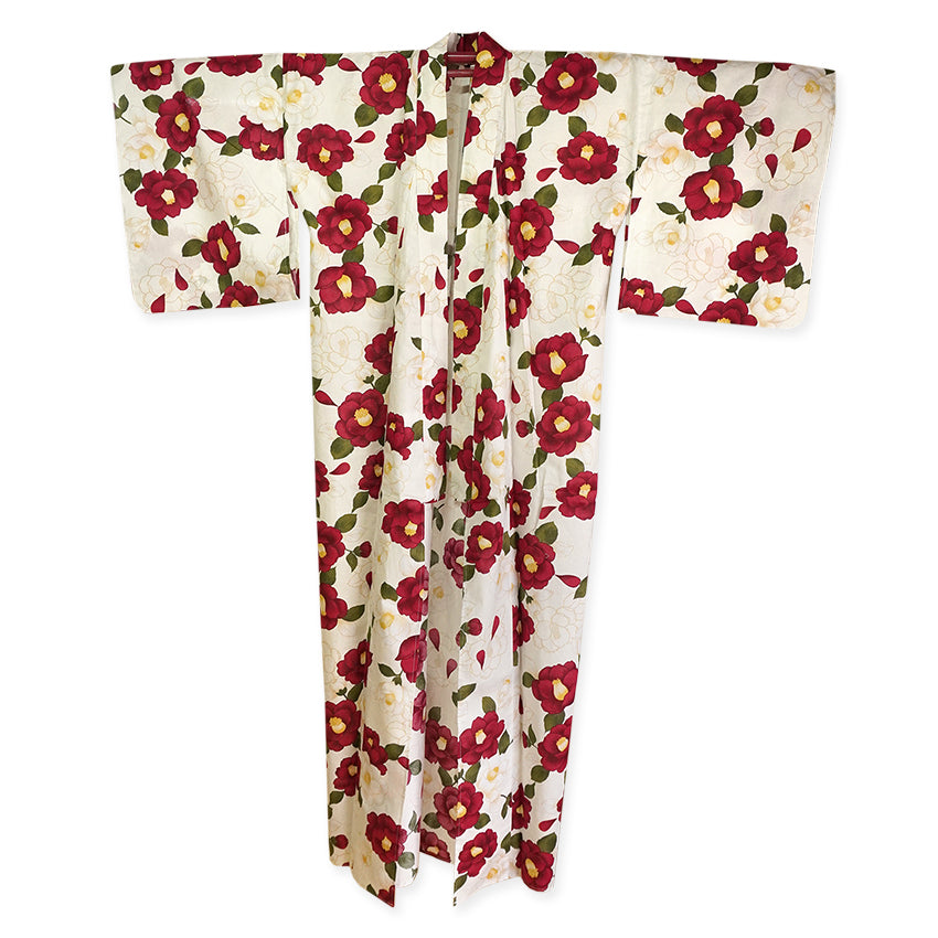 Plus‑Size Women's Cotton Yukata (3L/4L/5L), Casual Summer Kimono – Light Beige with Red Camellia Pattern
