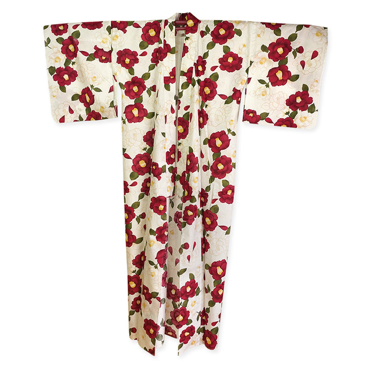Plus‑Size Women's Cotton Yukata (3L/4L/5L), Casual Summer Kimono – Light Beige with Red Camellia Pattern