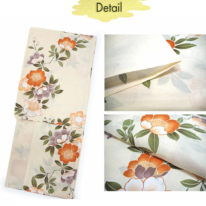 Women's Cotton Yukata, Casual Summer Kimono -Beige Base with Camellia Design