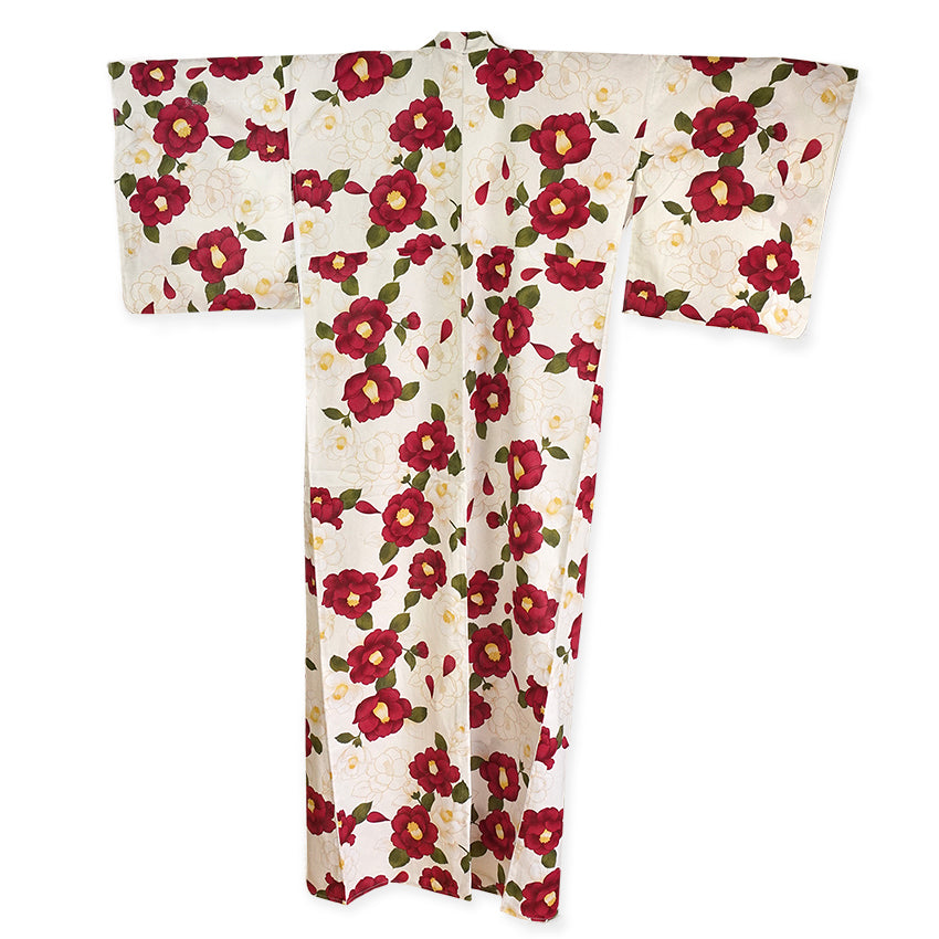 Plus‑Size Women's Cotton Yukata (3L/4L/5L), Casual Summer Kimono – Light Beige with Red Camellia Pattern