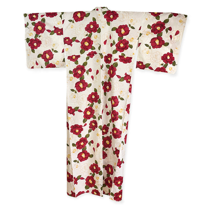 Plus‑Size Women's Cotton Yukata (3L/4L/5L), Casual Summer Kimono – Light Beige with Red Camellia Pattern