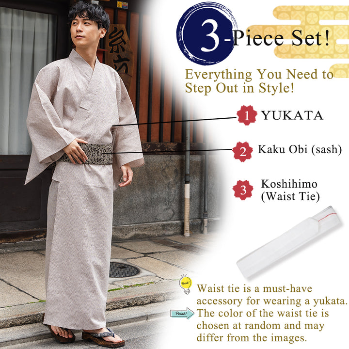 Men's Yukata Cotton & Linen Coordinate Set For Beginners : Beige with Broken Stripe Pattern Yukata