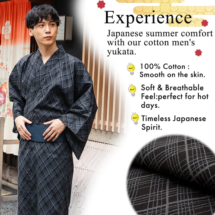 Men's Yukata Cotton : Black with Checkered Pattern Yukata