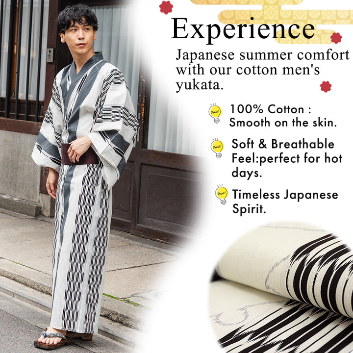 Men's Yukata Cotton : Off-White Yagasuri Yukata