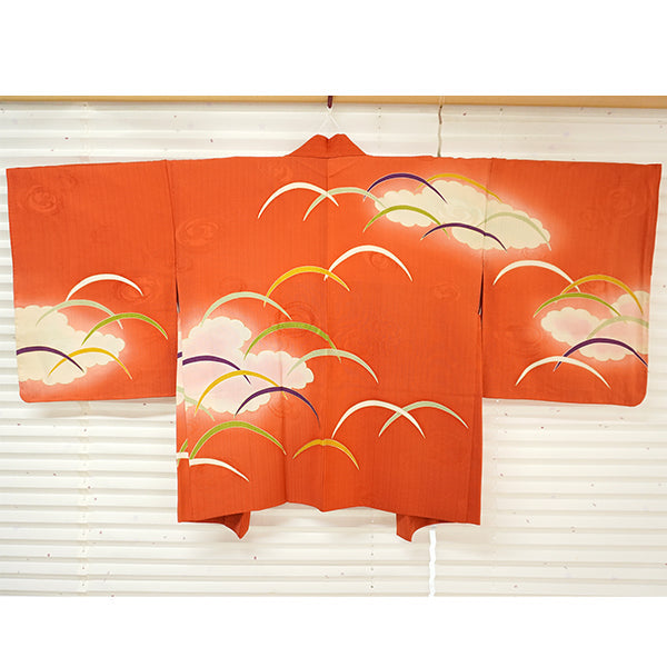 Vintage Haori Kimono Jacket Silk, Vivid Orange base, Cloud ,Dew-on-Grass Motifs