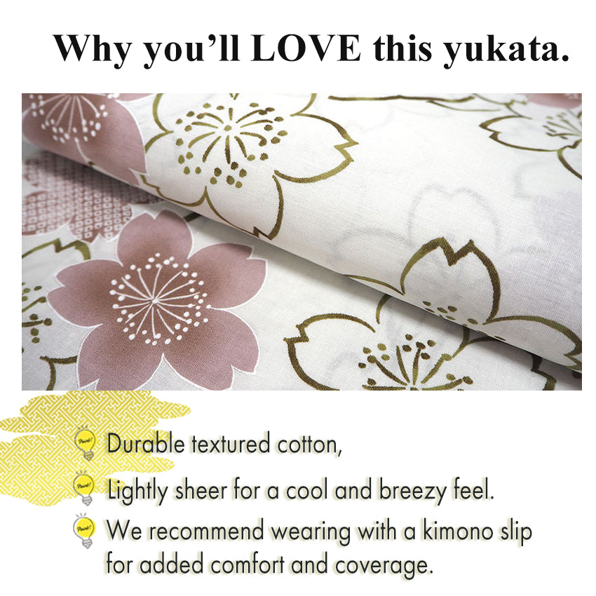 Women's Cotton Yukata, Casual Summer Kimono -Grayish white base with A graceful sakura (cherry blossom) motif featuring soft pink blooms