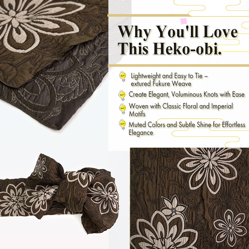 Soft Heko Obi - Lightweight Japanese Kimono Belt for Yukata or Casual Wear Brown Floral
