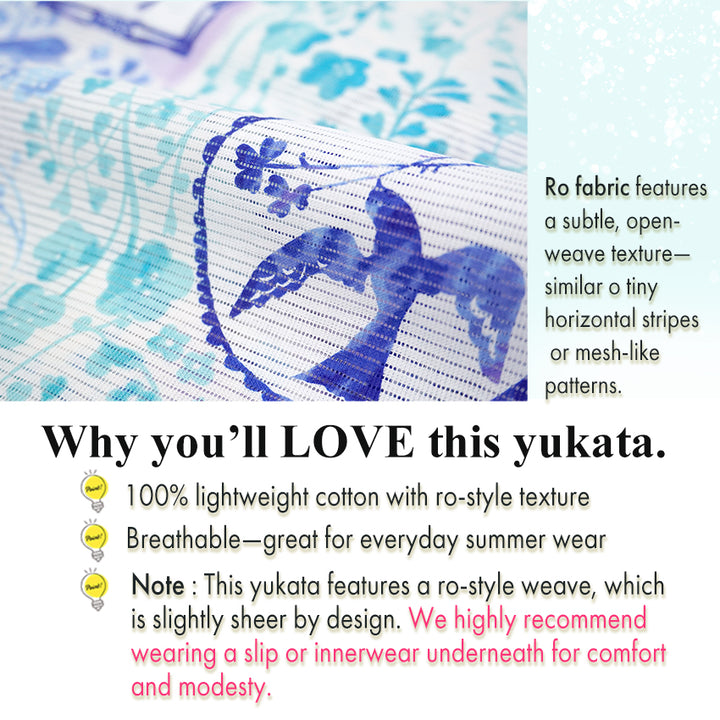 Lightweight Cotton Yukata for Women, Blue base, Bird, Bell pattern – Inspired by Kaneko Misuzu’s Poetry, Summer Japanese Kimono Robe