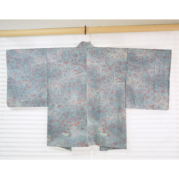 Vintage Haori Kimono Jacket Silk, Greyish Blue base, Floral Motifs