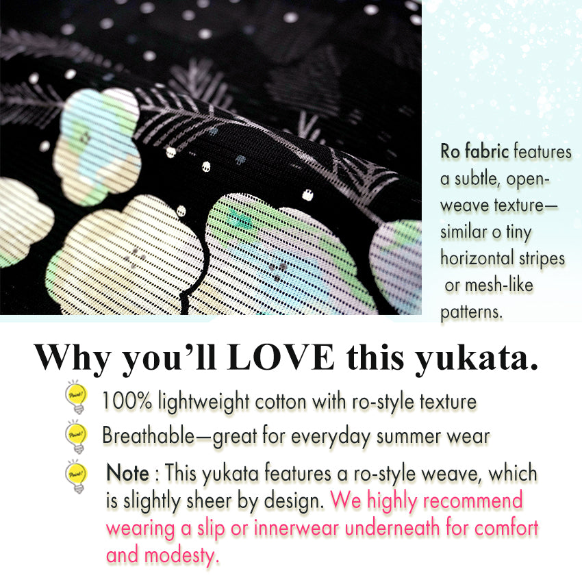 Lightweight Cotton Yukata for Women, Black base, Crisp geometric snowflakes, Flower pattern – Inspired by Kaneko Misuzu’s Poetry, Summer Japanese Kimono Robe