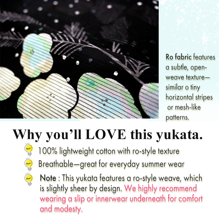 Lightweight Cotton Yukata for Women, Black base, Crisp geometric snowflakes, Flower pattern – Inspired by Kaneko Misuzu’s Poetry, Summer Japanese Kimono Robe