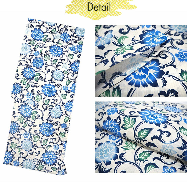 Women's Cotton Yukata, Casual Summer Kimono -Off-White Base with Blue, Green, and Navy Floral Arabesque